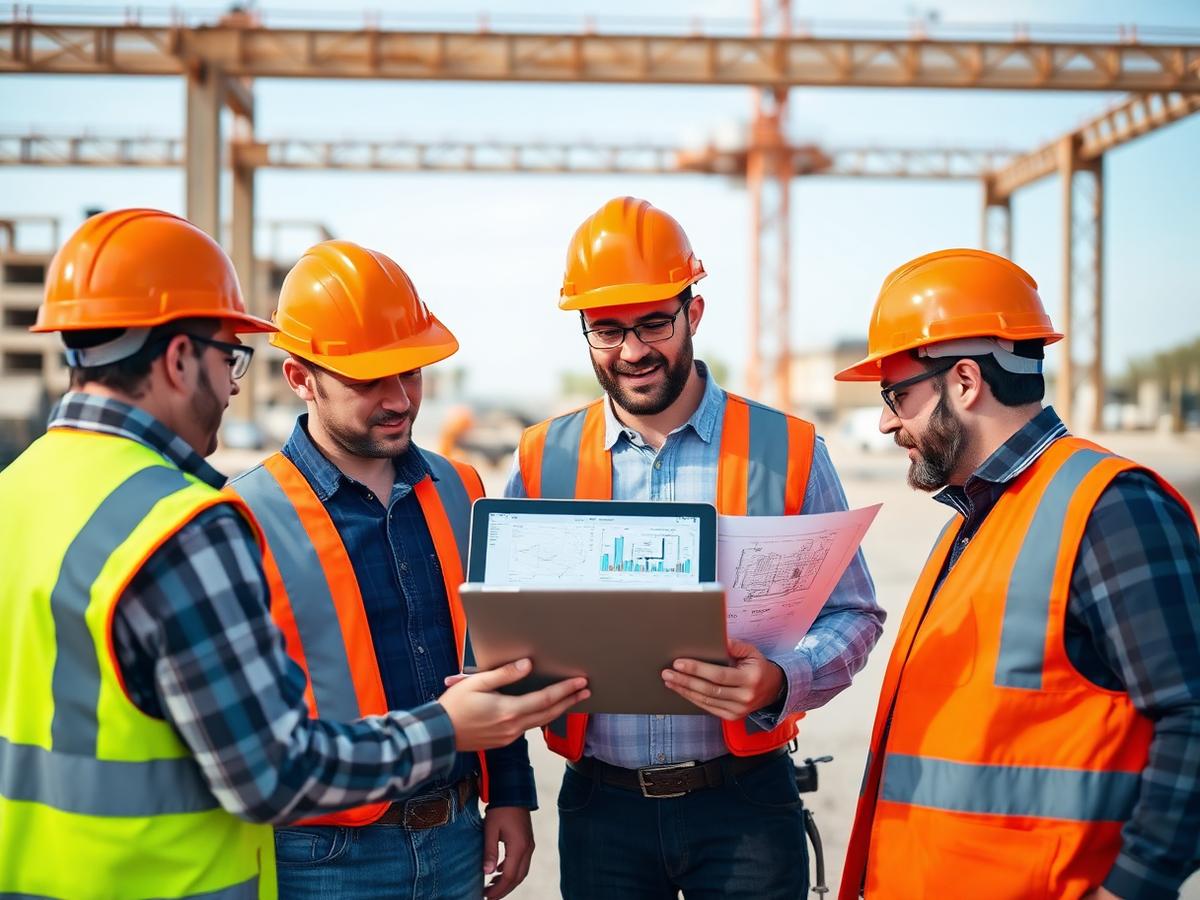Construction team reviewing project data on tablet