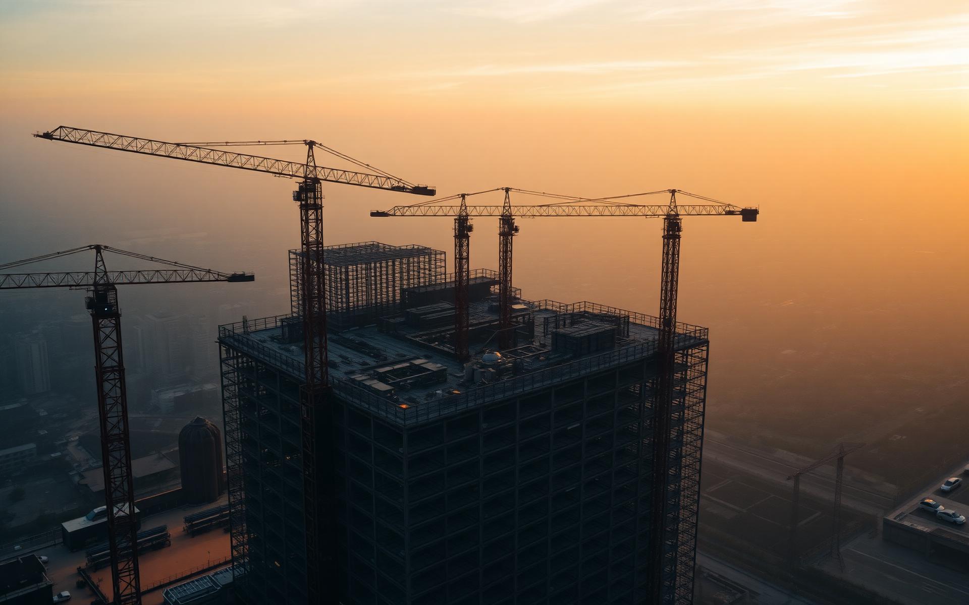 Aerial view of a construction site at dusk